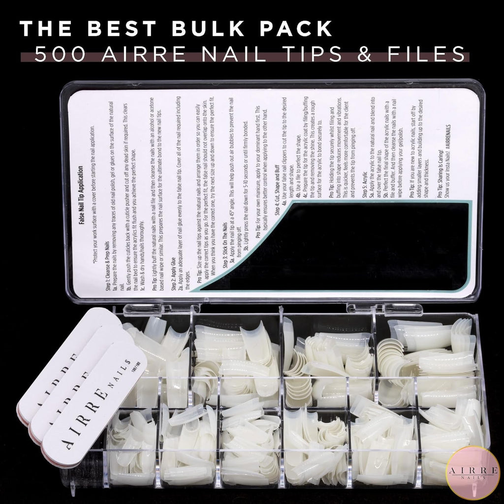 AIRRE 500 Unghii cu Gel Profesionale și 3 Pile cu Cutie - (10 Mărimi) Unghii False Semilună Franceze, Pentru Saloane și Uz Acasă, Tăiere, Pilire și Modelare, Gel UV/LED, Ojă și Nail Art (Natural)