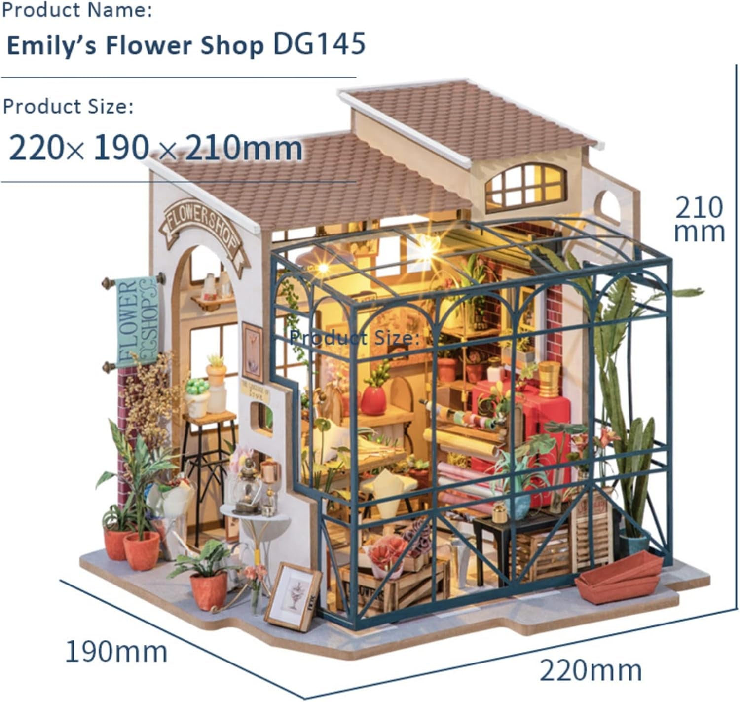 Robotime DG145 Rolife Emily's Flower Shop Miniaturowy domek dla lalek Wykonany z drewna, metalu, tkaniny i kartonu, Wymiary: 22 X 15 X 17 Cm, Domy dla lalek Naty Shop
