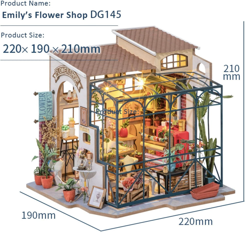 Robotime DG145 Rolife Emily's Flower Shop Miniaturowy domek dla lalek Wykonany z drewna, metalu, tkaniny i kartonu, Wymiary: 22 X 15 X 17 Cm, Domy dla lalek Naty Shop