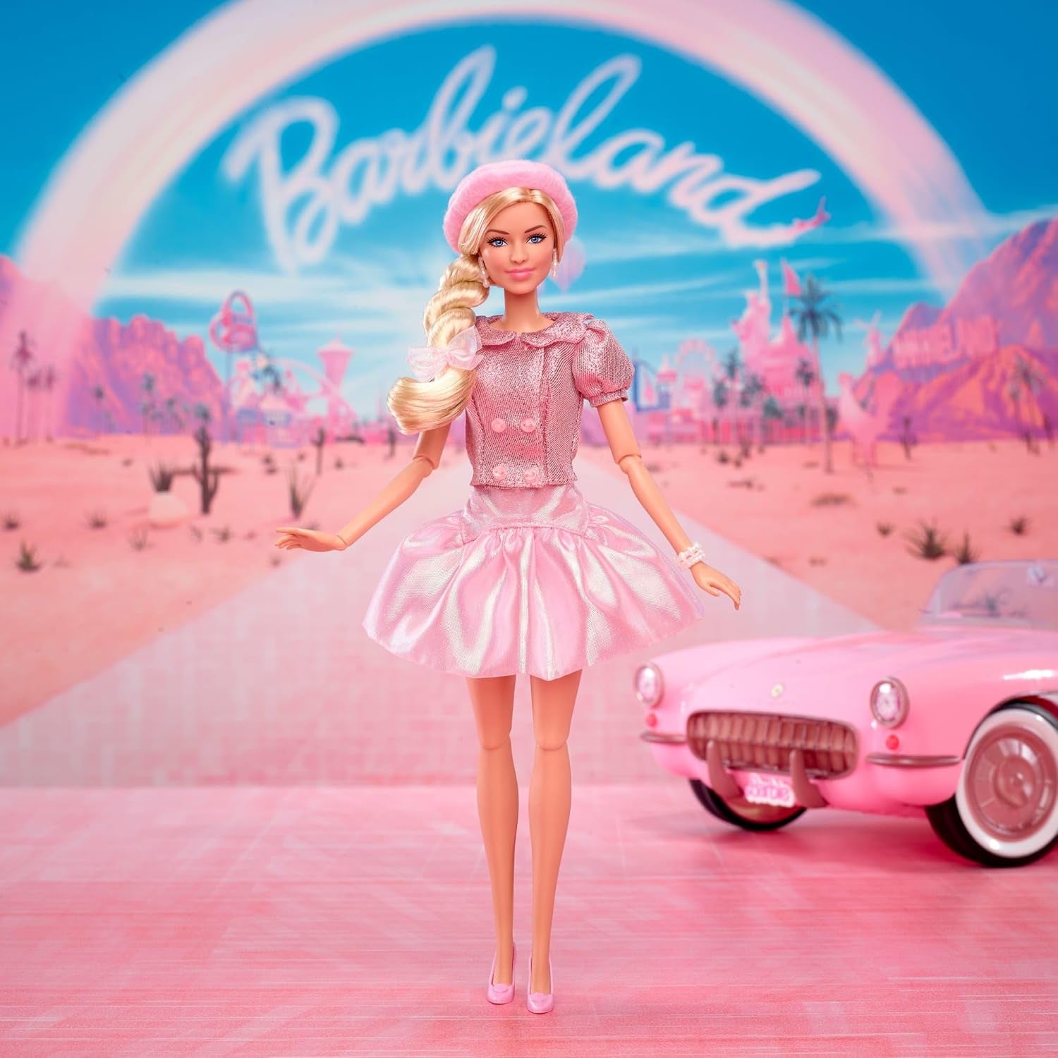 Păpușa Barbie The Movie, bazată pe film, Margot Robbie în rolul lui Barbie, figurină de colecție în bluză roz și fustă de tul, cu coafură stilizată și bijuterii asortate, JBJ53