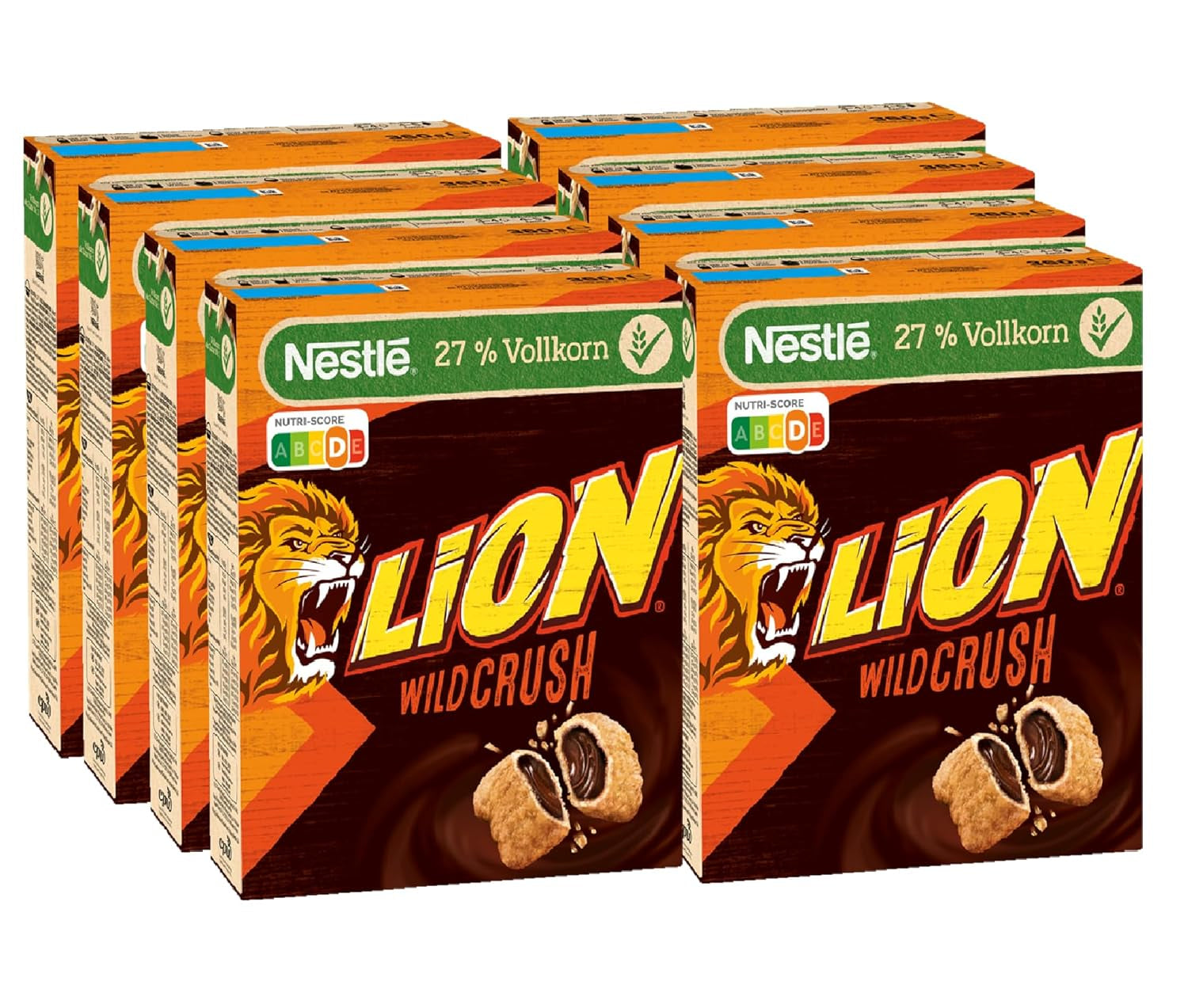 Nestlé LION WildCrush Płatki śniadaniowe z czekoladą i karmelem, 8 opakowań (8 x 360 g)