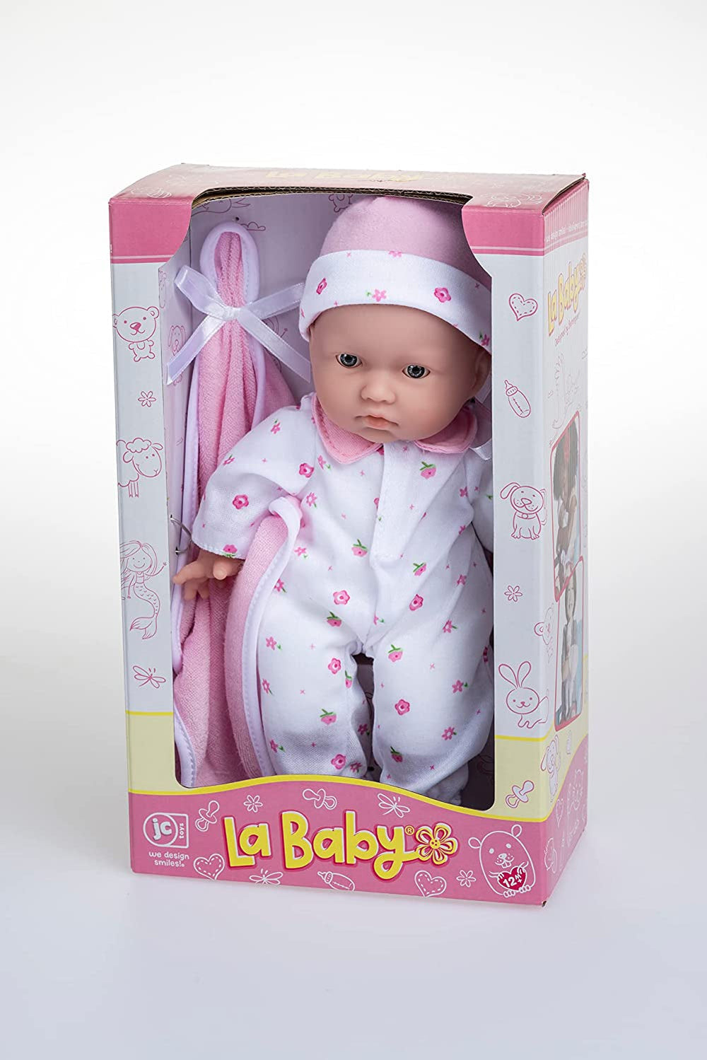 JC Toys La Baby Zestaw lalek kaukaskich - 28 cm Miękka, zmywalna lalka, odpinany różowy strój z kapeluszem, kocykiem i smoczkiem, dla lalek od 12 miesięcy Naty Shop