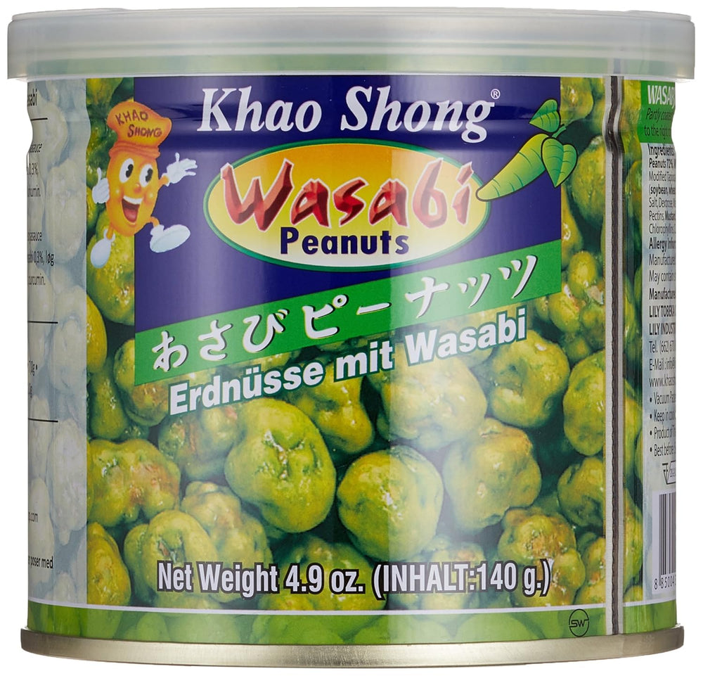 Khao Shong Smażony zielony groszek z wasabi, chrupiący groszek w pikantnej panierce, niskotłuszczowa alternatywa dla orzechów, średnio ostry, puszka 1 140 g | 140 g (1 opakowanie)