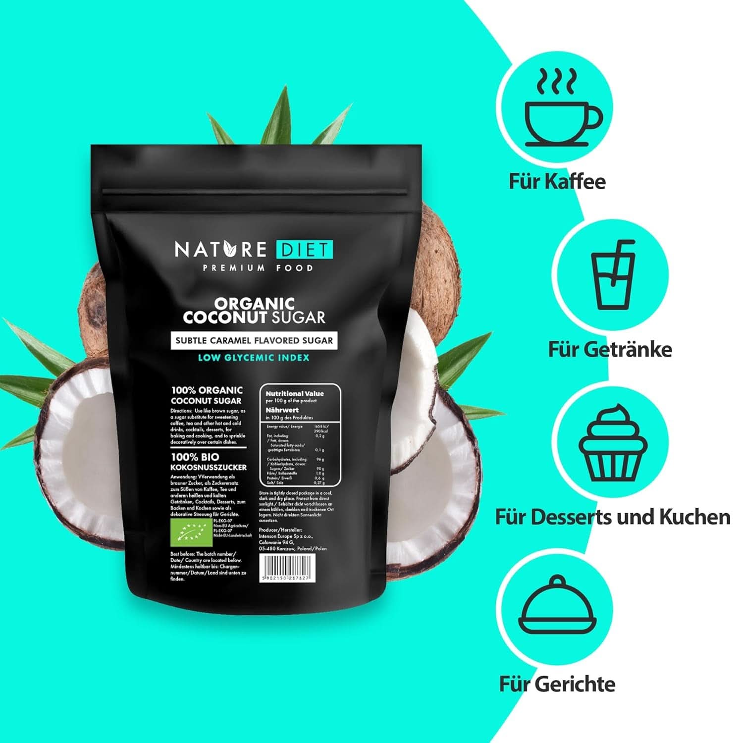 Organiczny cukier kokosowy o smaku karmelowym, 1,5 Kg Słodziki Naty Shop