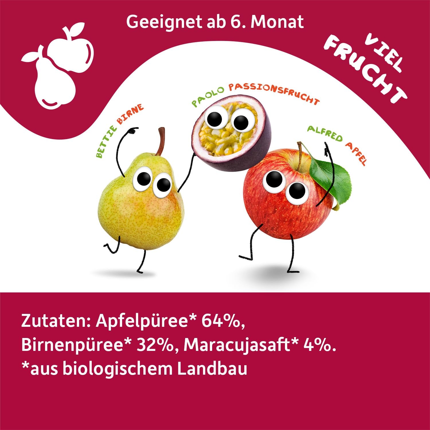 FRECHE FREUNDE Bio Quetschie Apple, Birne & Maracuja, Fruchtmus mit Obst im Quetschbeutel für Babies od 6. miesiąca, wegańskie, opakowanie 6er (6 x 100g)