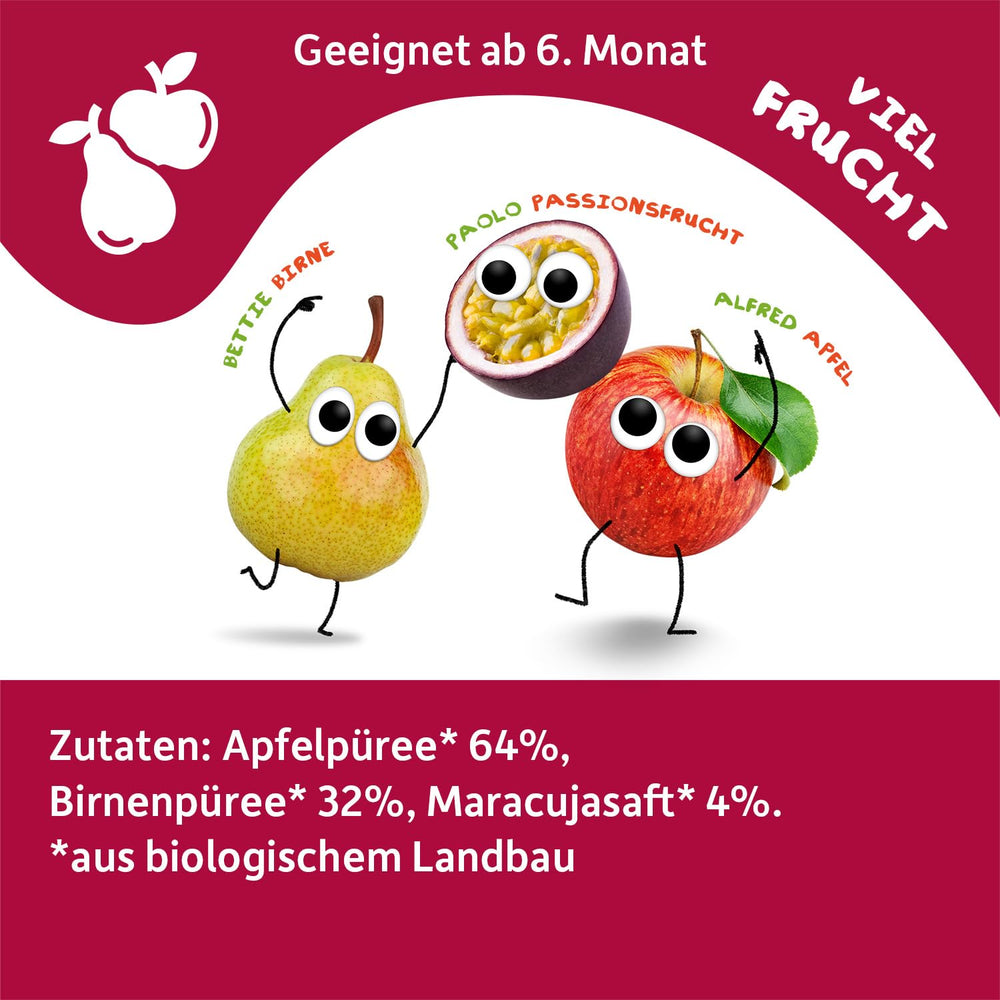 FRECHE FREUNDE Bio Quetschie Apple, Birne & Maracuja, Fruchtmus mit Obst im Quetschbeutel für Babies od 6. miesiąca, wegańskie, opakowanie 6er (6 x 100g)