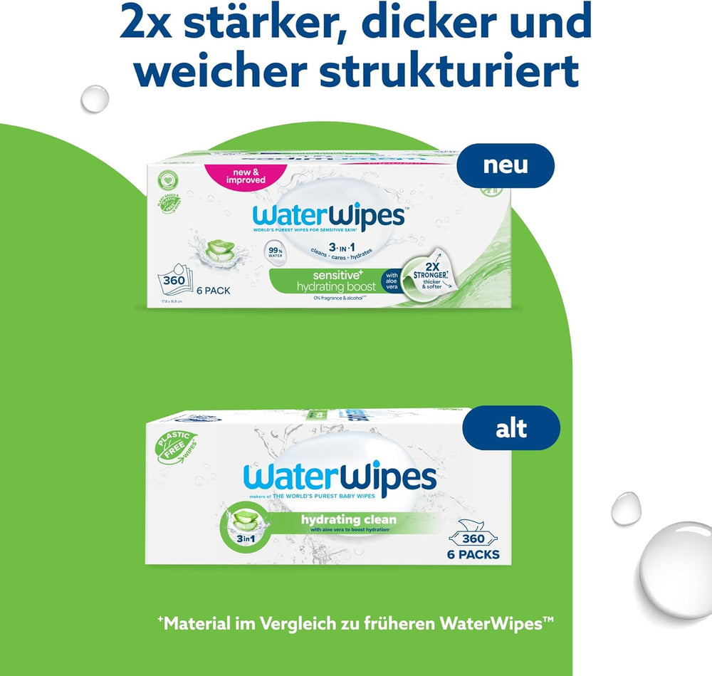 WaterWipes Sensitive+ Hydrating Boost Chusteczki nawilżane, Chusteczki nawilżające, 360 sztuk (6 szt.), 3 w 1 Czyszczenie, pielęgnacja, nawilżanie, 99% wody z aloesu, bezzapachowe chusteczki dla dzieci