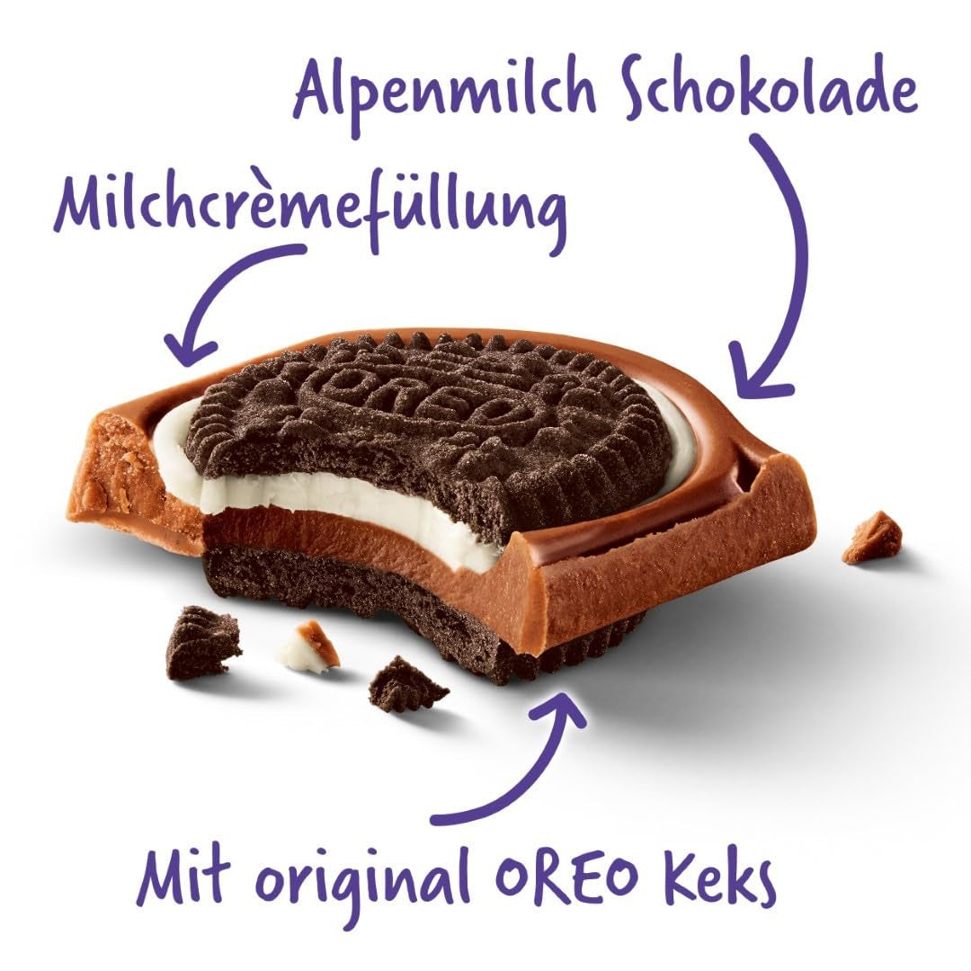 Milka Oreo Sandwich – Alpejska czekolada mleczna wypełniona chrupiącymi kawałkami ciasteczek Oreo i gładkim kremem waniliowym – 92g