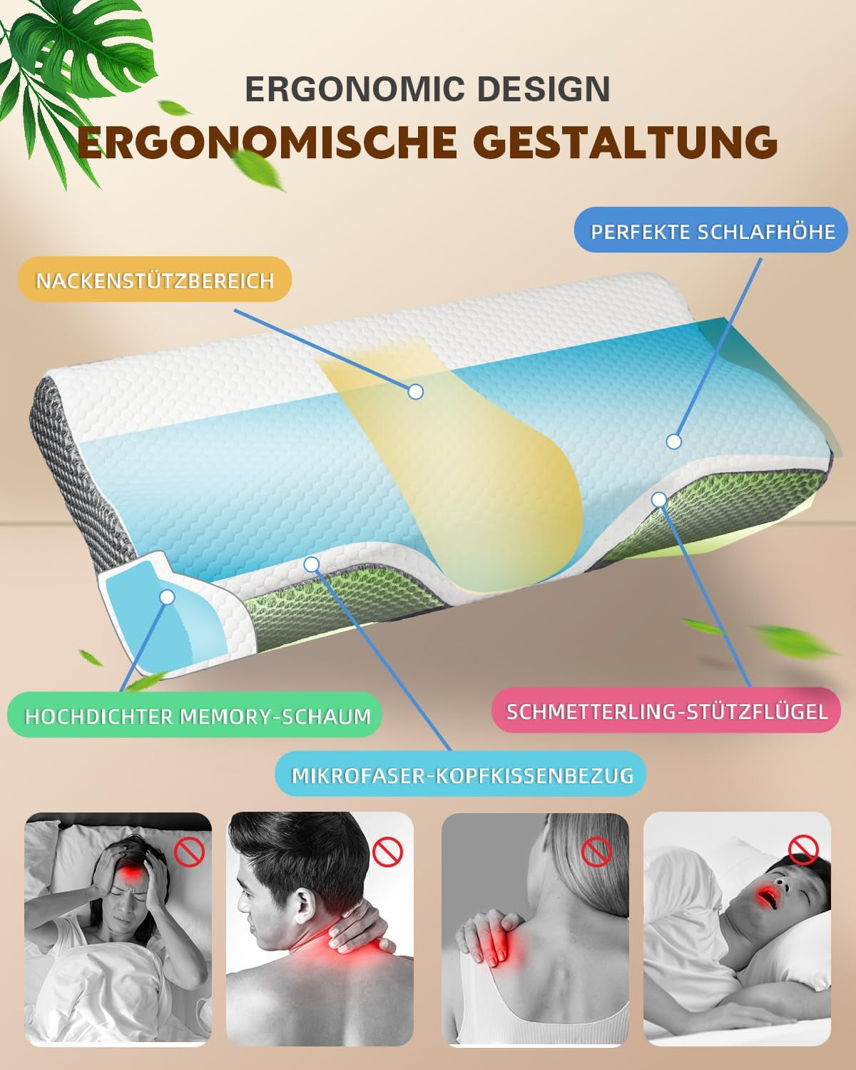 Pernă pentru dureri de gât, pernă ergonomică ortopedică pentru gât, pernă din spumă de memorie pentru părți, spate și abdomen, pernă anti-sforăit pentru bărbați femei (62 * 34.5 * 12/8CM) Perne ortopedice cervicale Naty Shop