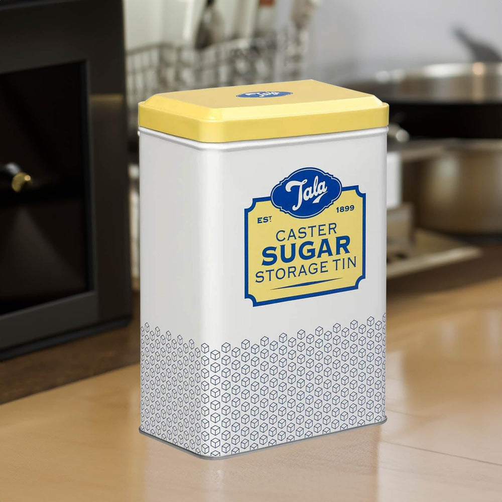Cutie de depozitare Tala Originals, metalică, design retro în galben și crem, poate conține un plic întreg de zahăr pudră