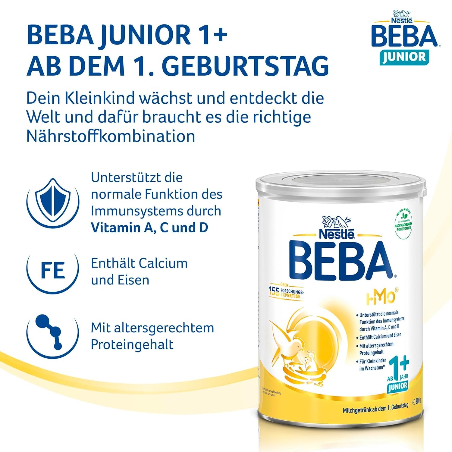 BEBA Junior 1+ napój mleczny od 1. roku życia, z HMO, zawartość białka dostosowana do wieku, tylko laktoza, bez oleju palmowego, bez oleju rybnego, pokarm dla małych dzieci, mleko w proszku dla dzieci, opakowanie 6 szt. (6 x 800 g)