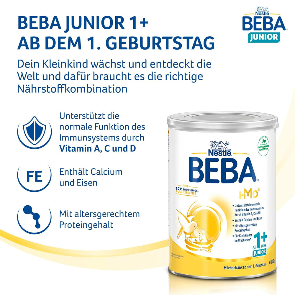 BEBA Junior 1+ napój mleczny od 1. roku życia, z HMO, zawartość białka dostosowana do wieku, tylko laktoza, bez oleju palmowego, bez oleju rybnego, pokarm dla małych dzieci, mleko w proszku dla dzieci, opakowanie 6 szt. (6 x 800 g)
