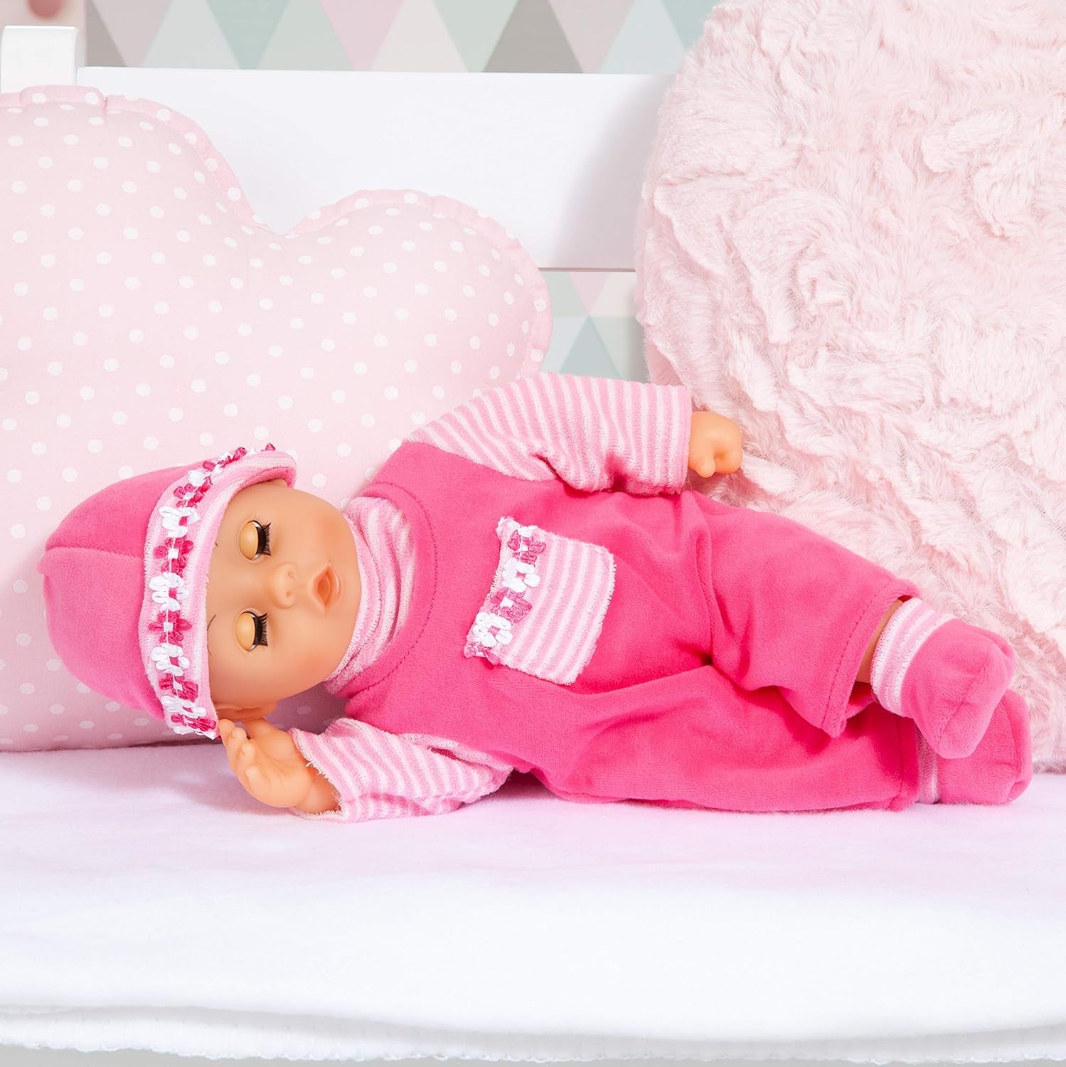 Bayer Design 93800-różowy 93825AA Babypuppe First Words, Schlafaugen, spricht 24 Babylaute, weicher Körper, mit Schnuller und Flasche, 38 cm, różowy