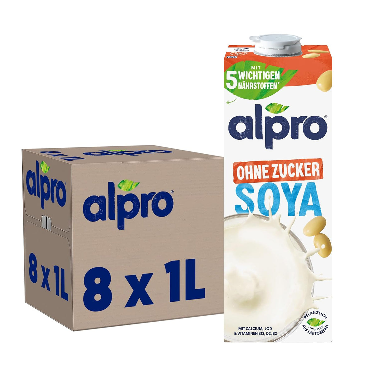 Alpro Sojadrink – Vegan und milchfrei – Von Natur aus laktosefrei und fettarm – Rich an pflanzlichen Proteinen, inhalt Calcium und Vitamine – 8 x 1 L – Haltbar