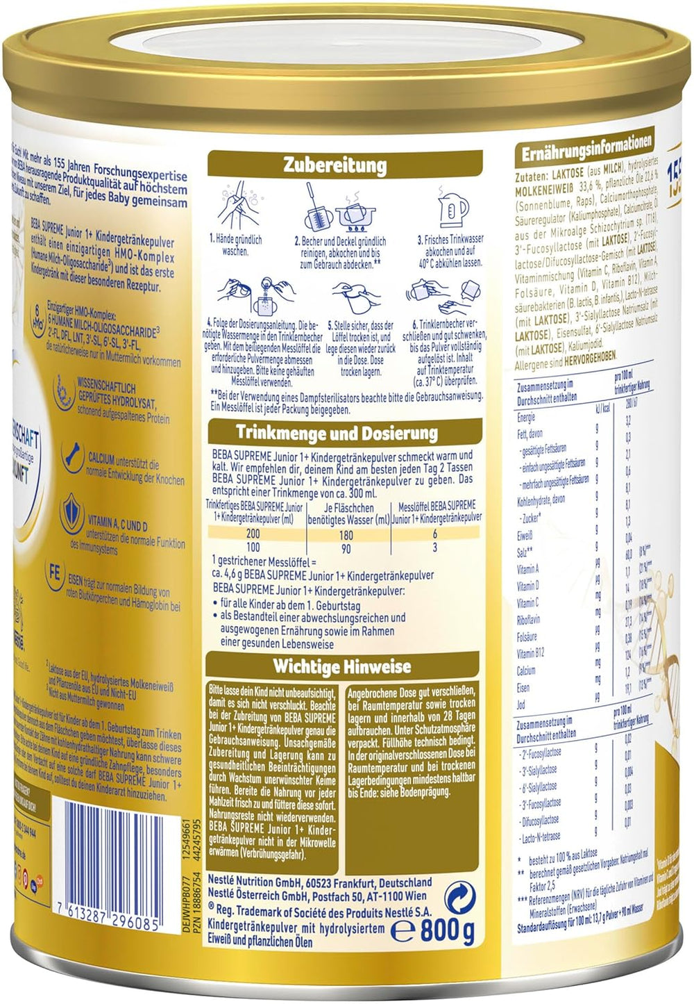 BEBA SUPREME JUNIOR 1 Plus - Napój dla dzieci od 1 roku, z kompleksem 6 HMO, bez laktozy, bez oleju palmowego, bez oleju rybnego, żywność dla małych dzieci, mleko w proszku dla niemowląt, opakowanie 6 szt. (6 x 800g)