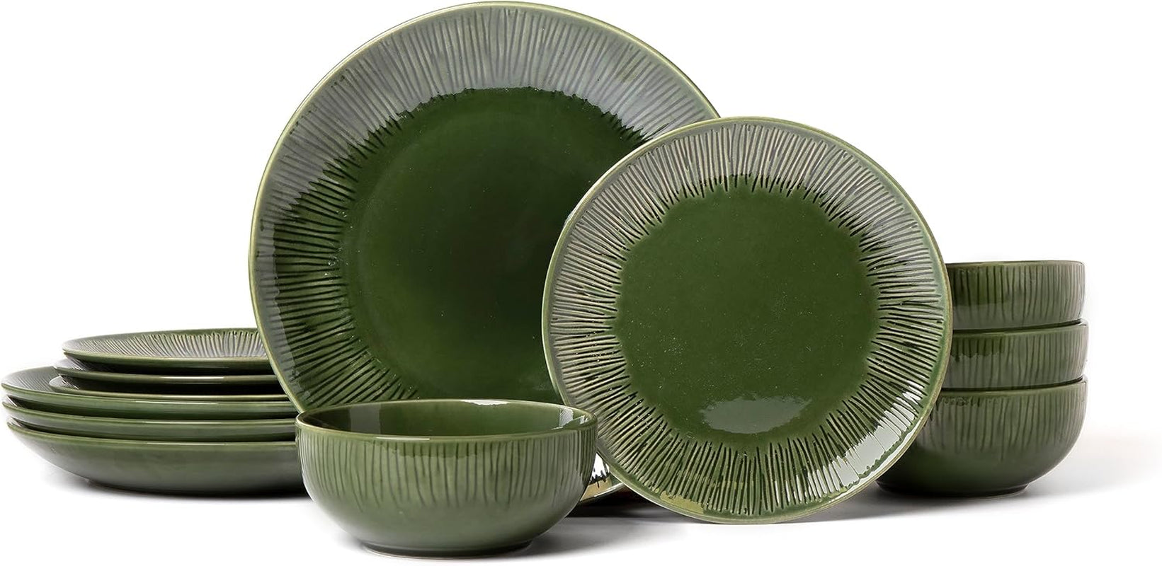 Set de veselă Mikasa Jardin cu 12 piese, set de veselă din gresie pentru 4 persoane cu farfurii, farfurii laterale și boluri, verde - cutie cadou și lavabilă în mașina de spălat vase