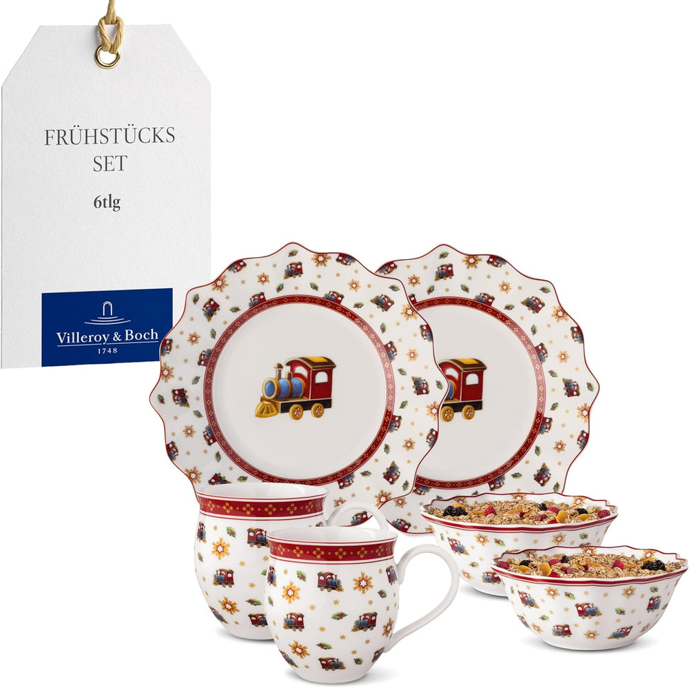 Villeroy & Boch - Set de mic dejun Toy's Delight pentru 2 persoane, Design Locomotivă, 6 piese, Colorat, Crăciun, Set de veselă cu farfurii, căni și boluri pentru micul dejun, Veselă de Crăciun, Porțelan Premium