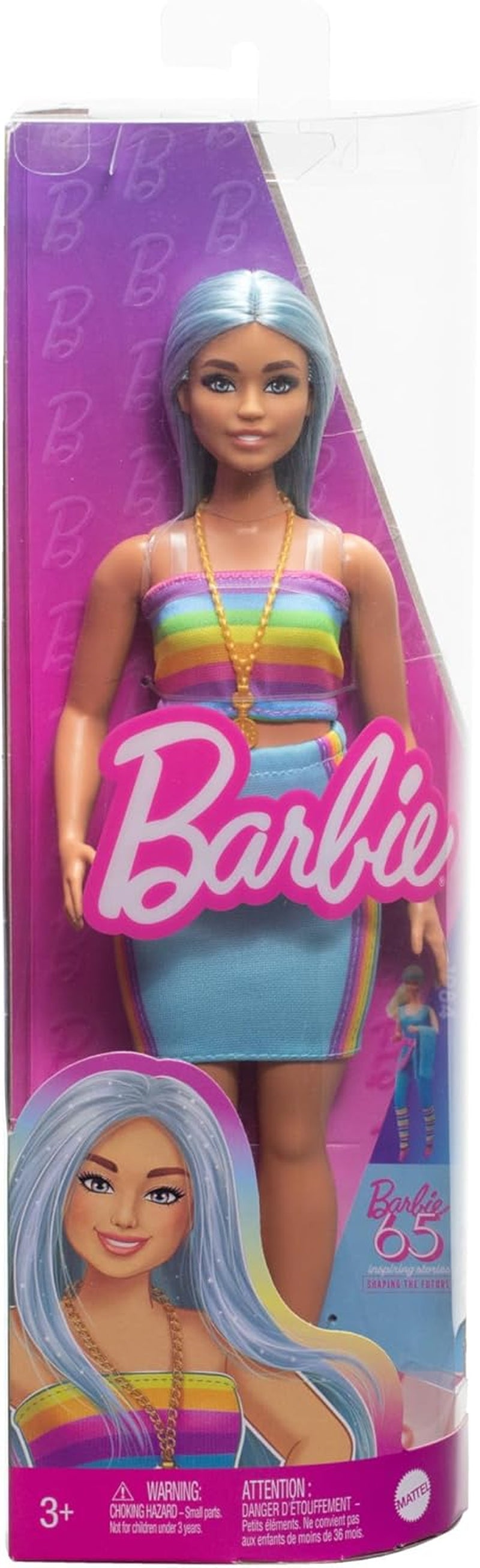 Lalka Barbie Fashionistas nr. 218 z długimi niebieskimi włosami, tęczowym topem i turkusową spódnicą, lalka kolekcjonerska z okazji 65. urodzin, HRH16 Naty Shop Dolls