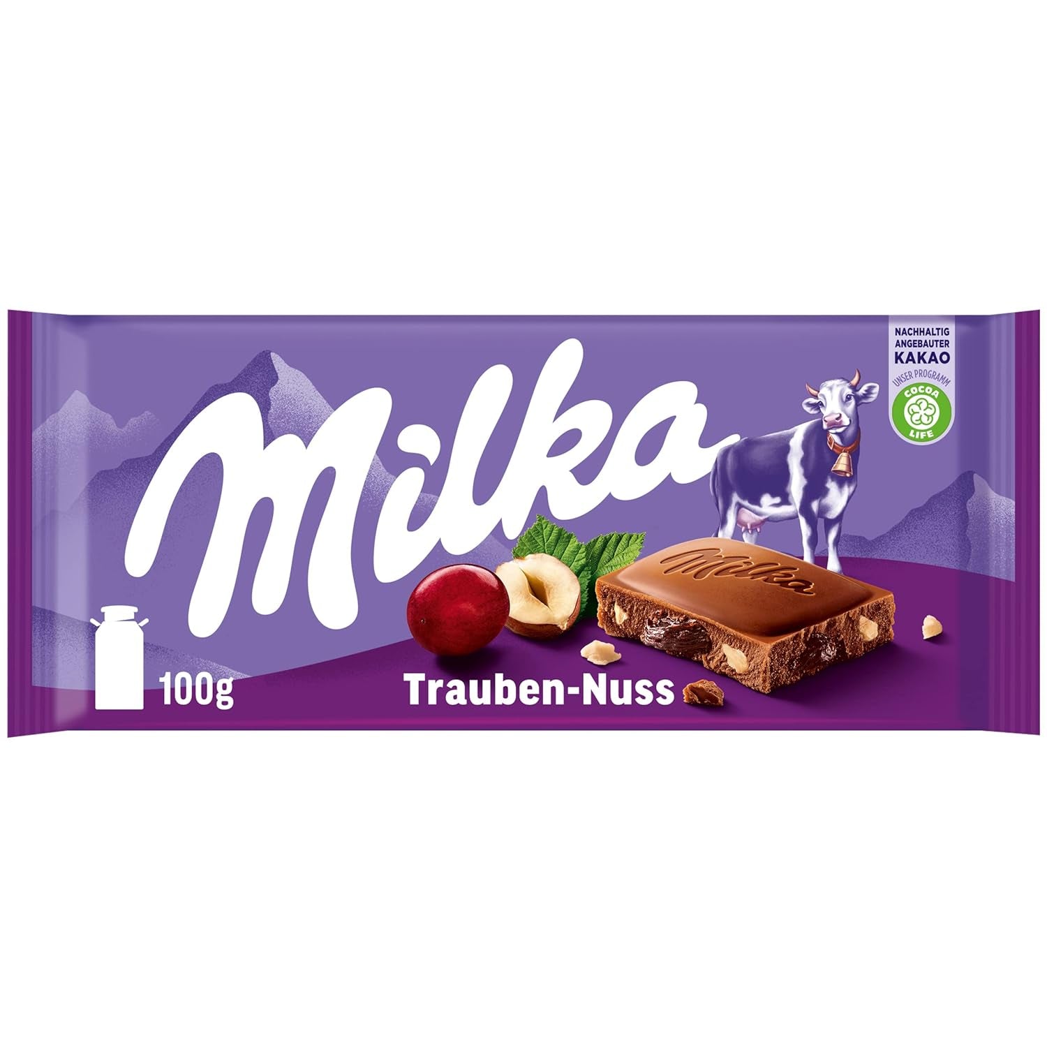 Milka Winogrona i Orzechy Laskowe – Alpejska czekolada mleczna z kawałkami orzechów laskowych i rodzynkami – 90g