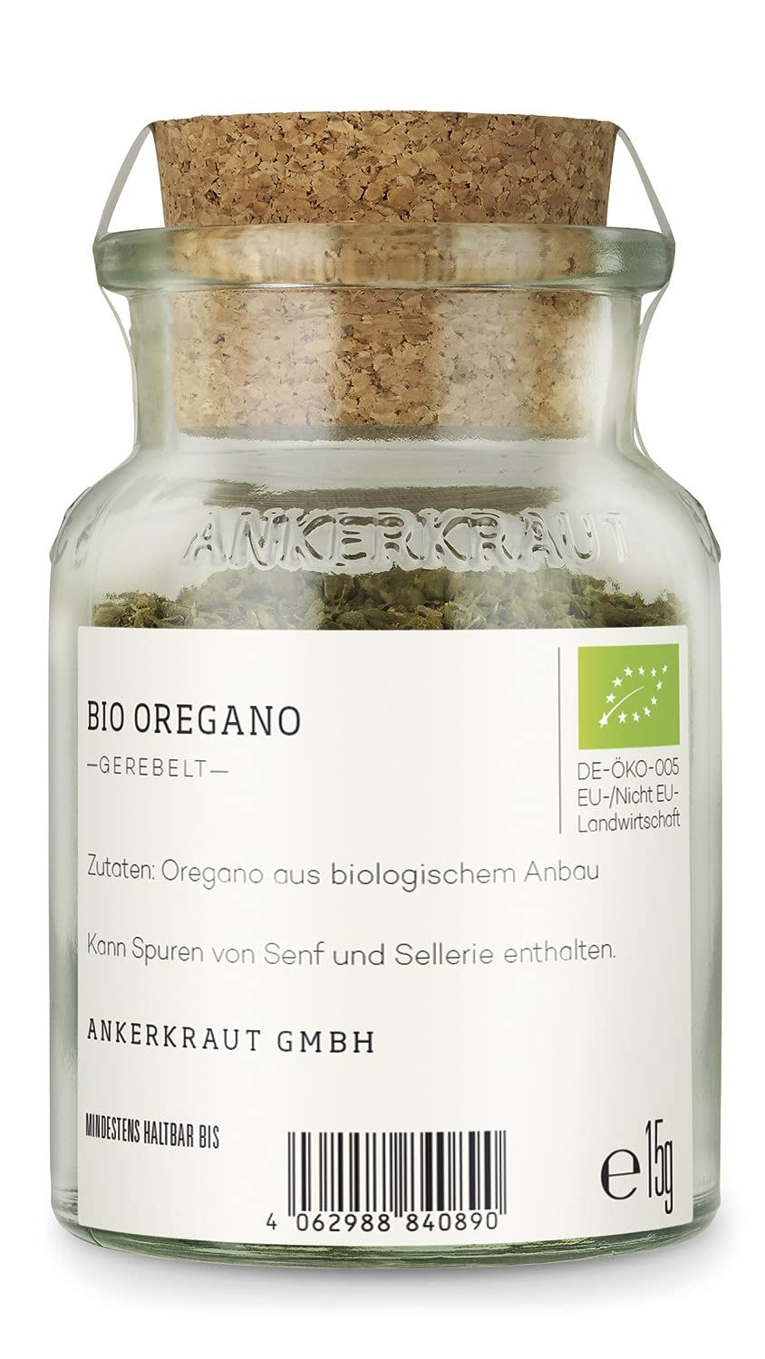 Ankerkraut BIO Oregano, gerebeltes Küchen-Kraut, 15 g w szkle korkowym, Bio-Qualität zum selber Sürzen, Gewürz mediterranean Küche für Pizza & Pasta
