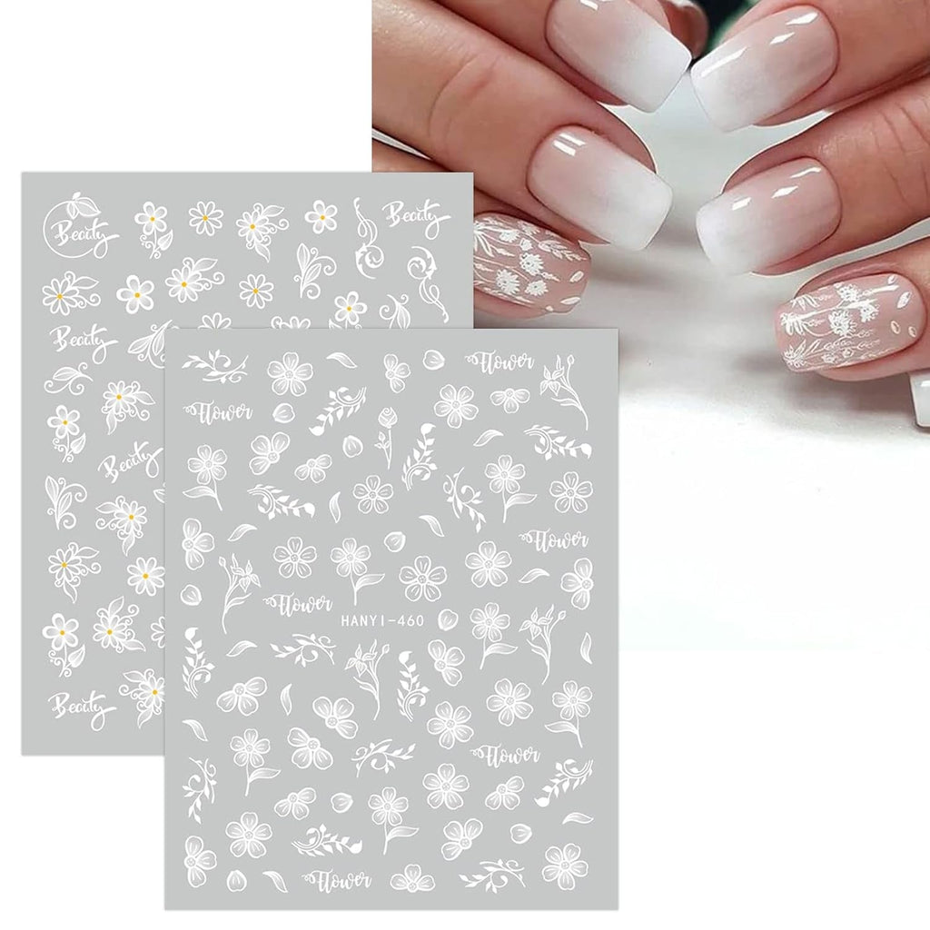 JMEOWIO Nagelsticker Frühlings Weiß Blume 12 Blatt Nail Art Sticker Selbstklebend Nagelaufkleber Sommer Schmetterling Blumen Blatt Dekoration Nageldesign Zubehör