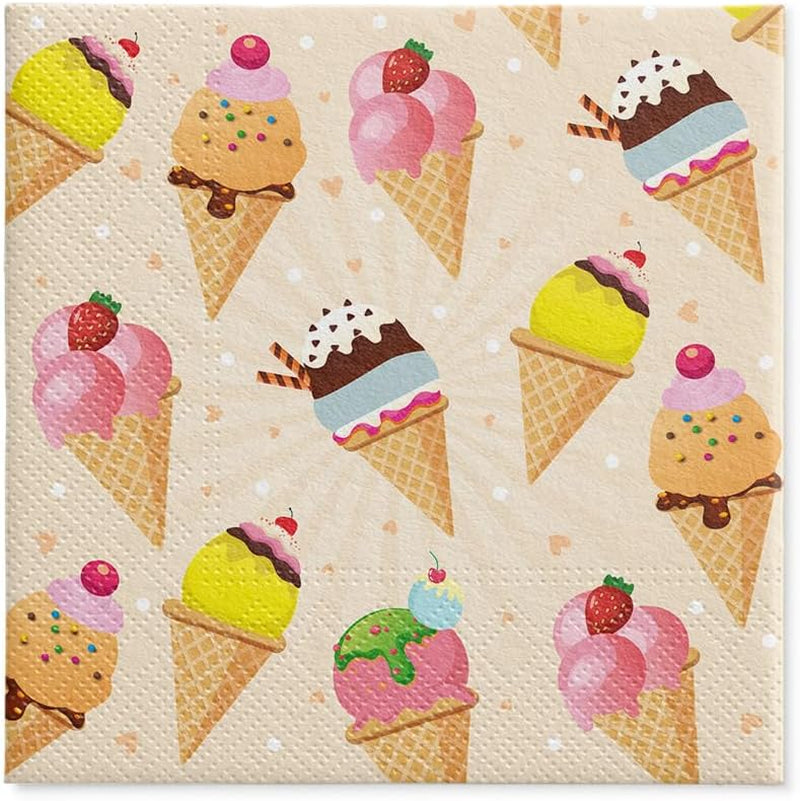 PAW - Șervețele 3 straturi (33 X 33 Cm) I 20 bucăți I Perfect pentru petreceri, zile de naștere, sărbători I Decorațiuni de masă pentru petrecerile copiilor - Șervețele de hârtie colorate cu motiv - Ice Cream I Ice Cream