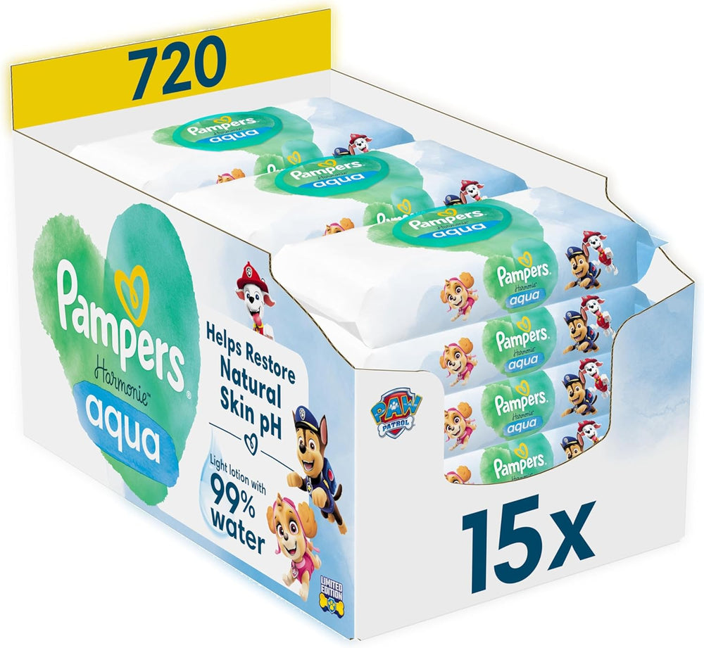 Pampers Harmony Aqua Chusteczki dla niemowląt Paw Patrol 15 sztuk 48 chusteczek 720 chusteczek dla niemowląt pomaga przywrócić naturalną równowagę pH skóry Lekki balsam 99% wody