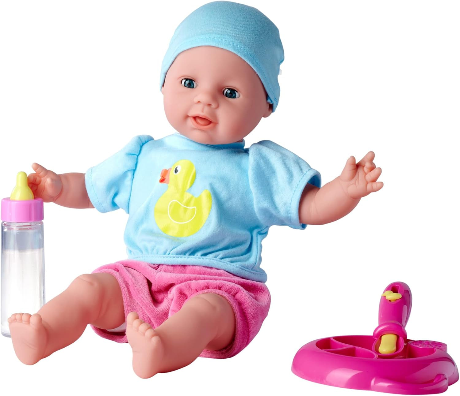 Simba 105010964 - Laura Hungry, păpușă moale cu suzetă, linguriță magică, biberon și farfurie care dispar, 38 cm, păpușă bebeluș pentru copii de la 2 ani