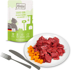 MjAMjAM - Hrană umedă premium pentru pisici - Pachet mixt I - Pui, Vită, Inimi, pachet de 12 (12 x 125 g), fără cereale cu carne suplimentară