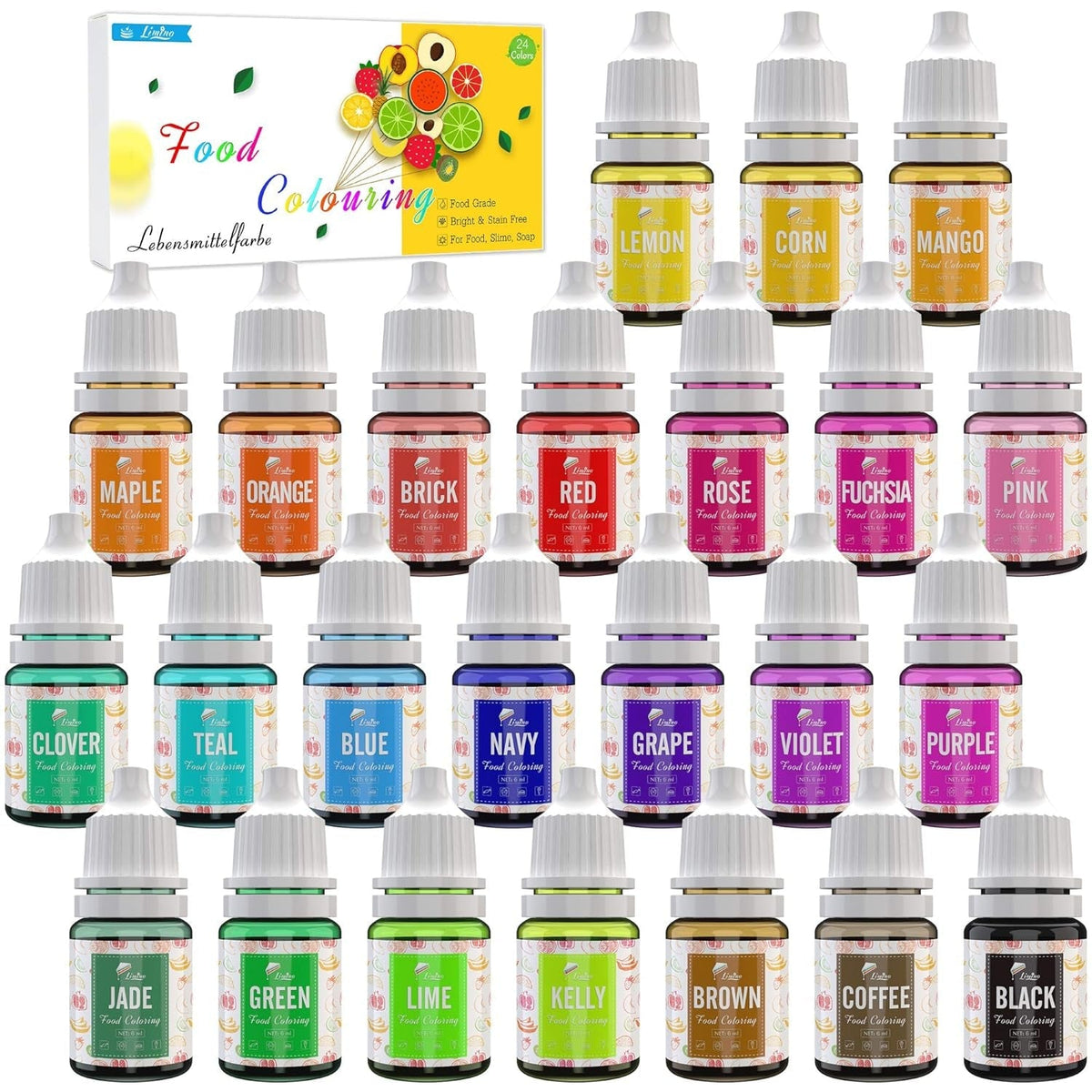 Colorant alimentar 24 de culori - Coloranți alimentari lichizi pentru coacerea prăjiturilor, fursecurilor, macaroanelor, decorare și gătit - Colorant alimentar vibrant pentru aerografare, fondant - 6 ml fiecare