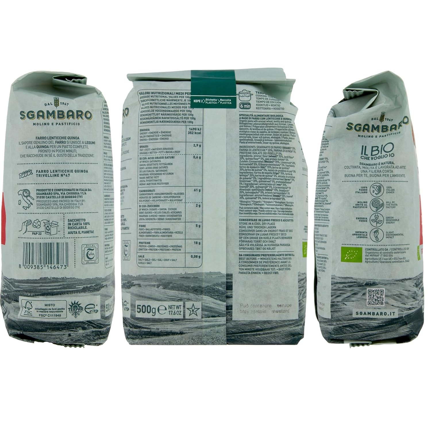 Ekologiczny makaron Trivelline N.47 - 500g z mąką orkiszową, mąką z soczewicy i mąką z komosy ryżowej - Bogaty w białko, źródło błonnika i białka