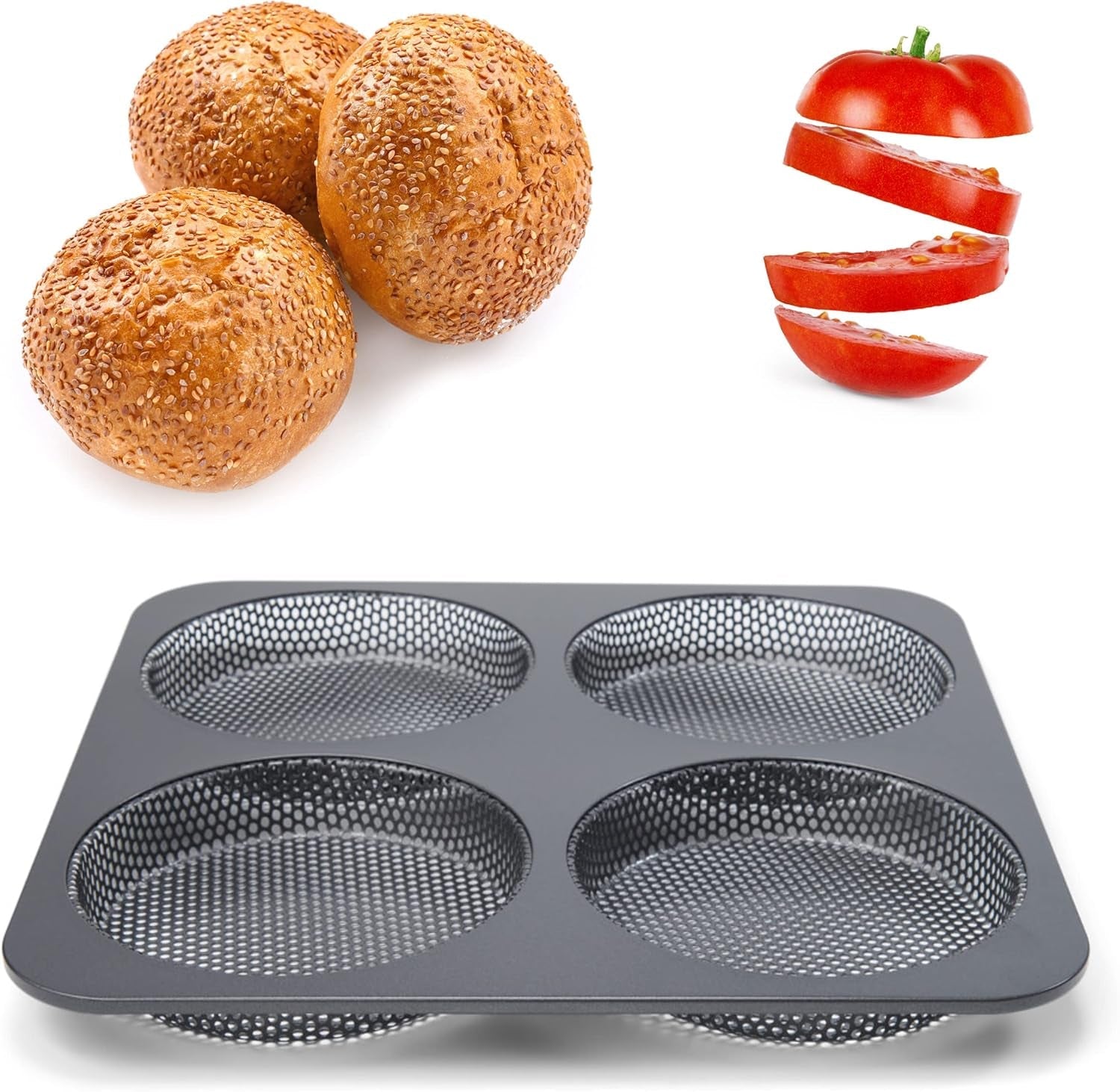 Hamburgerbrötchen, Perforiert, Antihaftbeschichte, 4 Runde Mulden Mit Je 12 Cm, Pfannengröße 28 X 28 Cm, 2,5 Cm Tief, Mittelgroß, Schwarz Formy i blachy do pieczenia Naty Shop