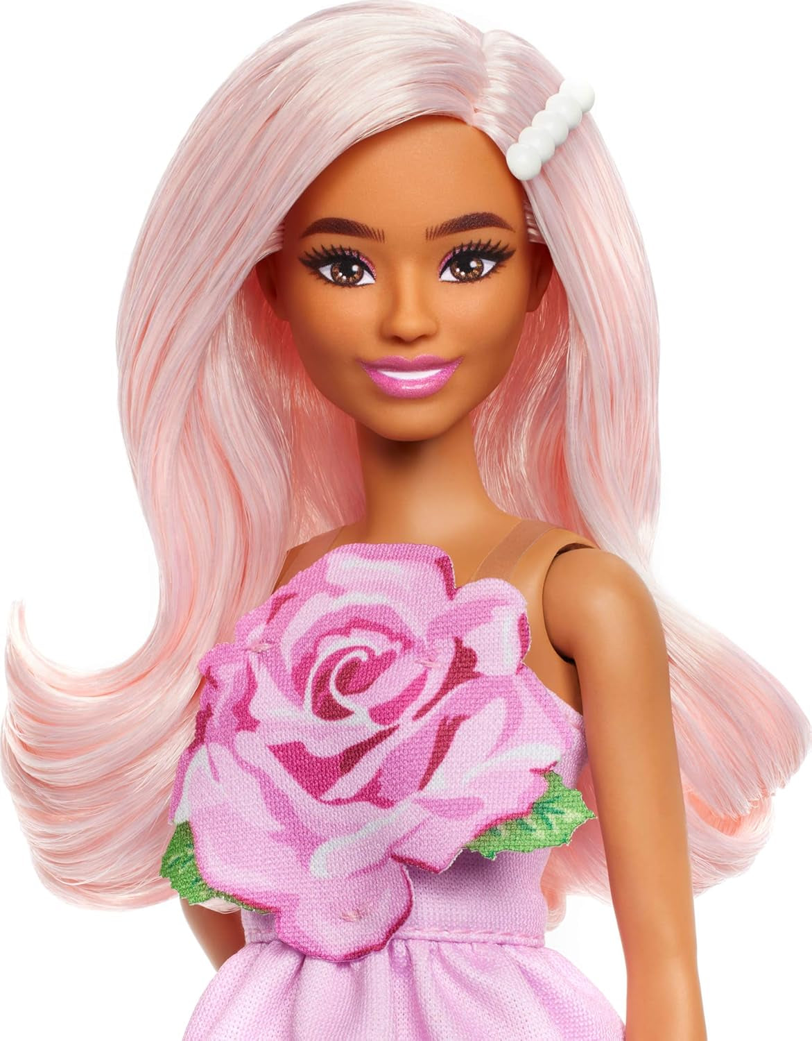 Lalka Barbie Fashionistas nr. 238 z pastelowymi różowymi włosami, sukienką bez ramiączek z różowym topem, perłową spinką do włosów i szpilkami na wysokich obcasach, HYT94 Naty Shop Dolls