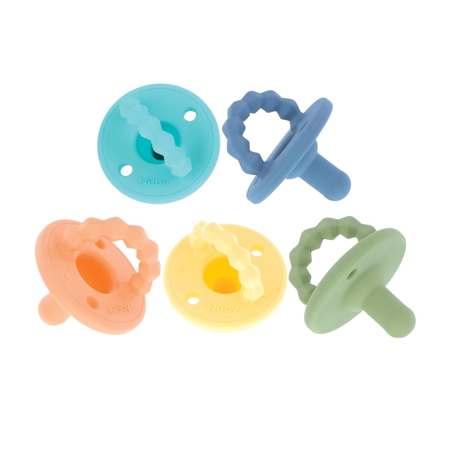 Nuby – Set de 5 tetine și suzete ortodontice din silicon moale | 3 modele pentru zi și noapte | 2 modele care strălucesc în întuneric | Fără BPA | Formă asemănătoare sânilor | Pentru 18-36 de luni
