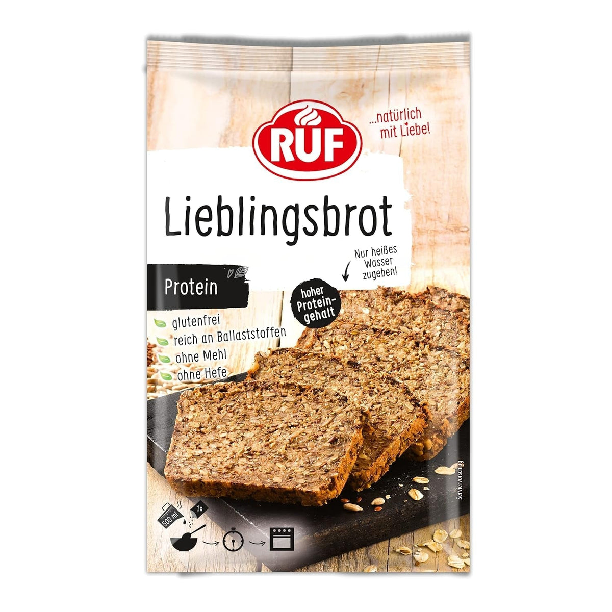 RUF Lieblingsbrot Protein, Brot-Backmischung, Brotmischung, Brotteig-Mischung, Proteinreiches Brot, Glutenfrei, Ohne Mehl & Hefe, 1 X 500 G Naty Shop 500 G (opakowanie 1Er) Białko