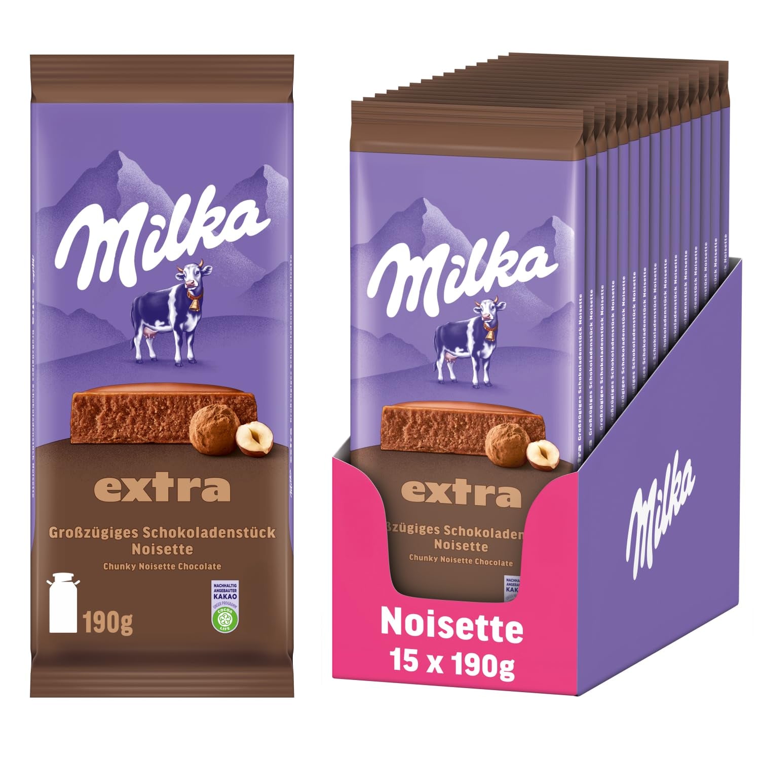 Milka Extra Noisette – Alpejska czekolada mleczna z delikatnym i kremowym nadzieniem z orzechów laskowych – 15 x 190 g