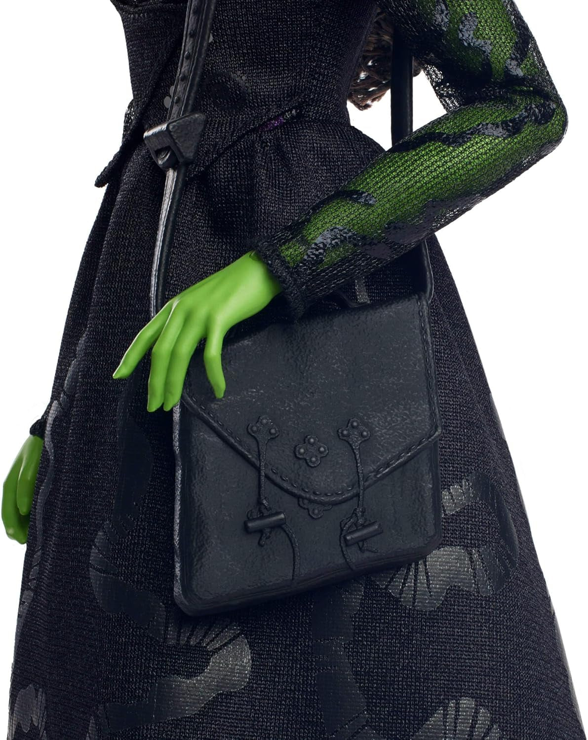 Mattel Wicked Elphaba Fashion Doll i akcesoria z zieloną skórą, czarnymi warkoczami, różnymi możliwymi pozami i wyglądem wydłużanej sukni balowej, HXT62, [wielokolorowe] lalki Naty Shop