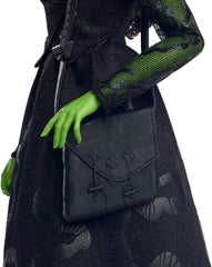 Mattel Wicked Elphaba Fashion Doll i akcesoria z zieloną skórą, czarnymi warkoczami, różnymi możliwymi pozami i wyglądem wydłużanej sukni balowej, HXT62, [wielokolorowe] lalki Naty Shop