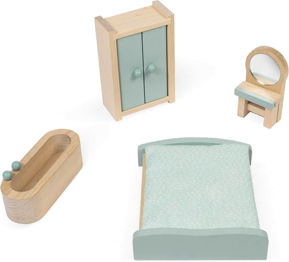 Janod – Prima mea casă de păpuși din lemn – 10 accesorii – Mobilier pentru păpuși – Uși magnetice și acoperiș detașabil – Jucărie din lemn certificat FSC – Vârste 3+