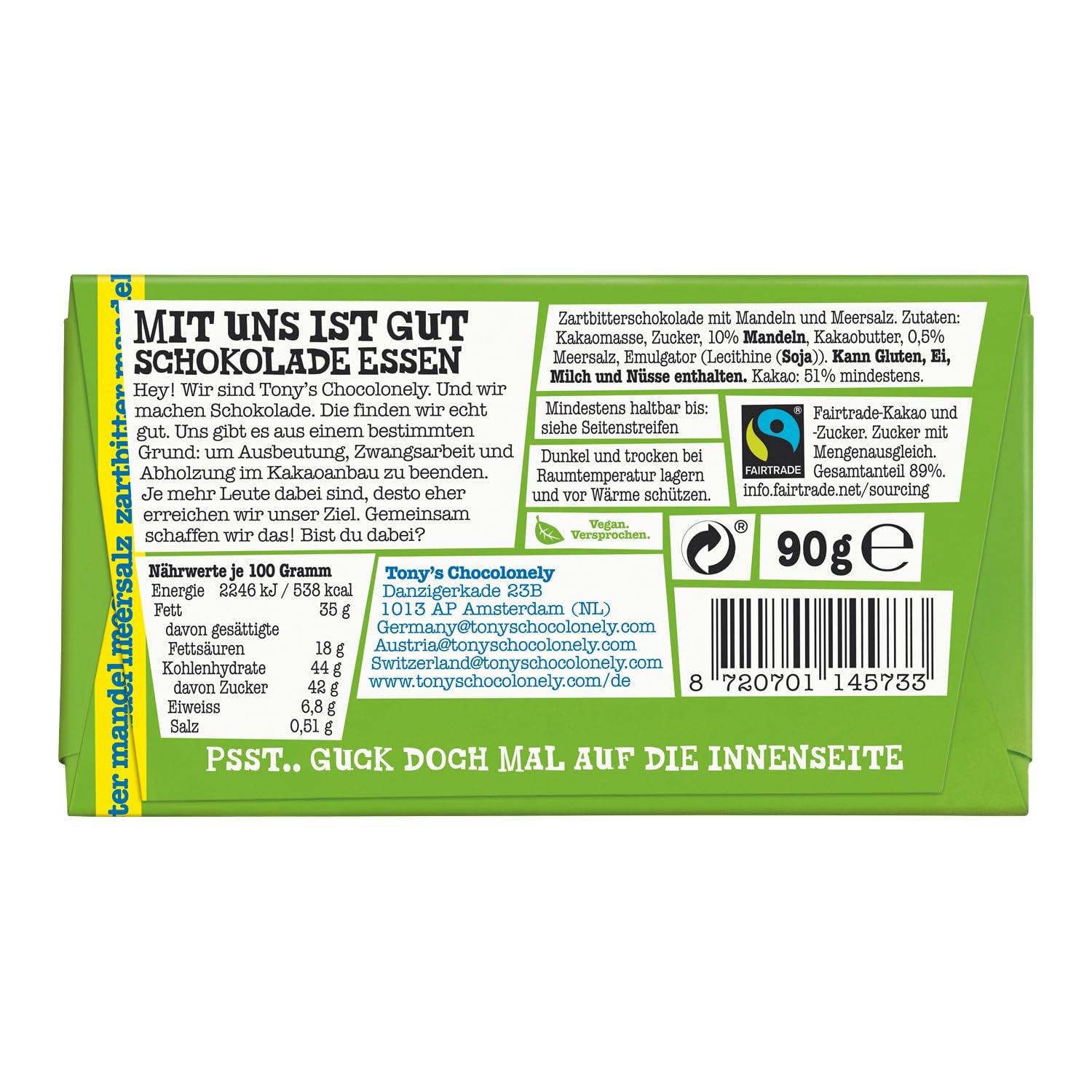 Tony's Chocolonely - Ciemna czekolada z migdałami i solą morską 90g