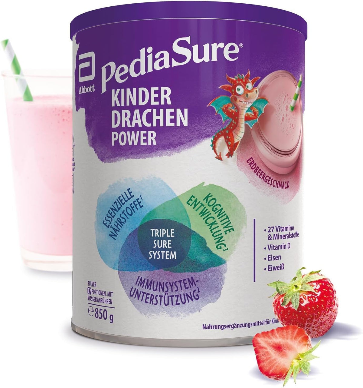 Pediasure Puterea Dragonului, Supliment nutritiv pentru copii de la vârsta de 1 an, 27 de vitamine și minerale Naty Shop Căpșună