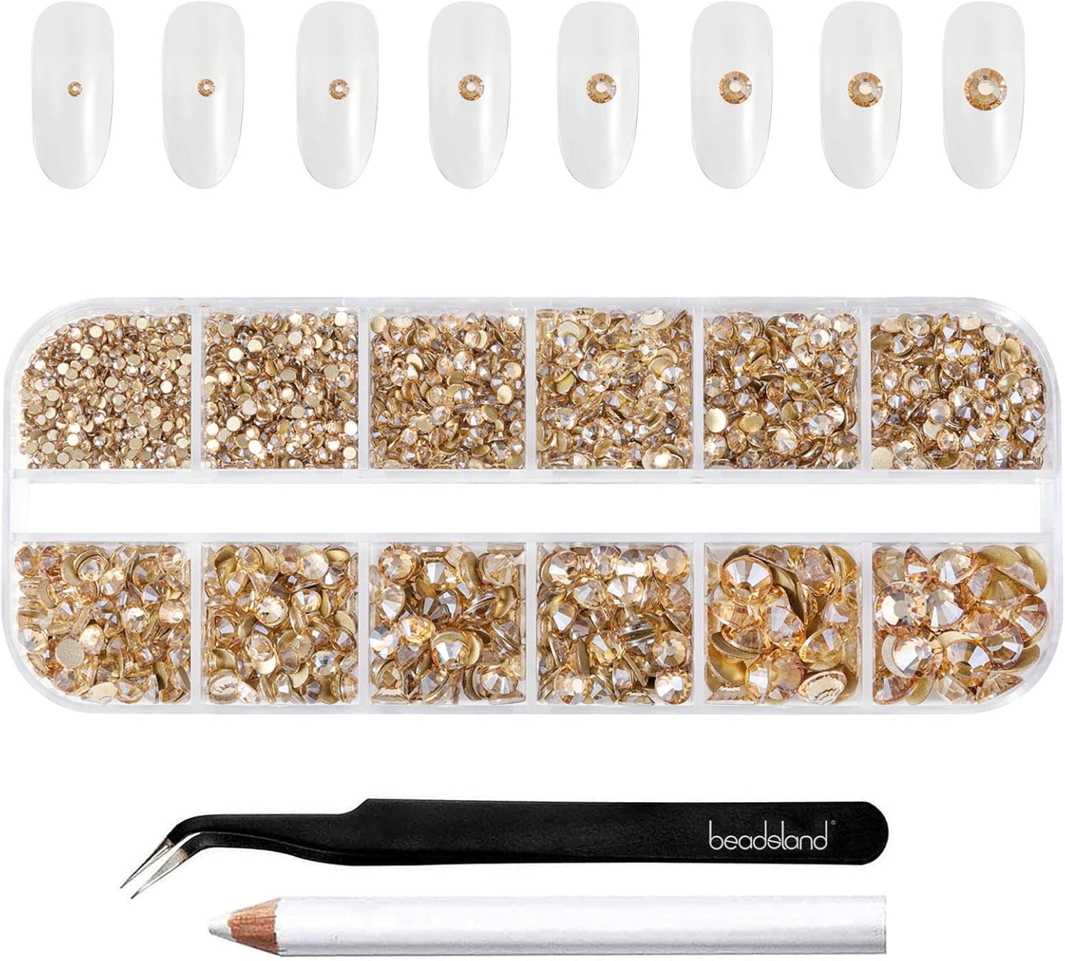Beadsland 2500Pcs Glas Nailart Strasssteine Kristall Flatback Edelsteine Runde, ​​Für Handwerk Gemischt 8 Größen SS4 ~ SS30 Mit Picking Pinzette Und Stift (Kristall Weiss)