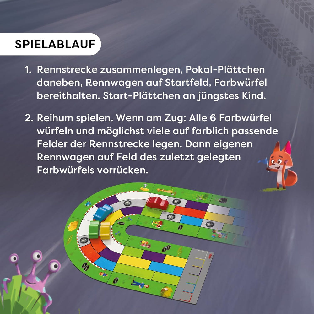 HABA Monza - szybka gra planszowa i wyścigi samochodowe dla dzieci w wieku 5+ - z 6 kolorowymi drewnianymi samochodzikami i kolorowymi kostkami - 2012226001