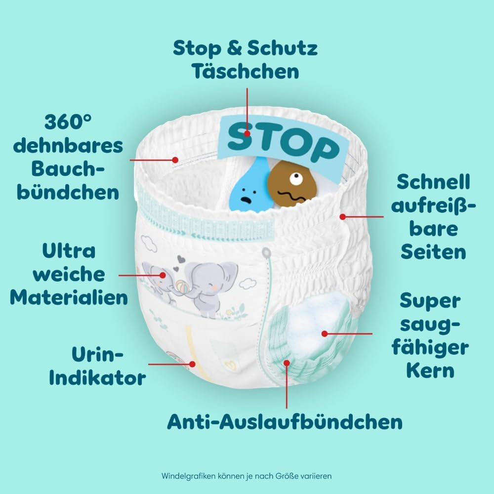Spodnie Pampers Premium Protection rozmiar 5, 144 pieluszki, 11 kg - 17 kg, z regulacją 360° i miękkimi mankietami zapobiegającymi wyciekaniu dla optymalnego komfortu i ochrony
