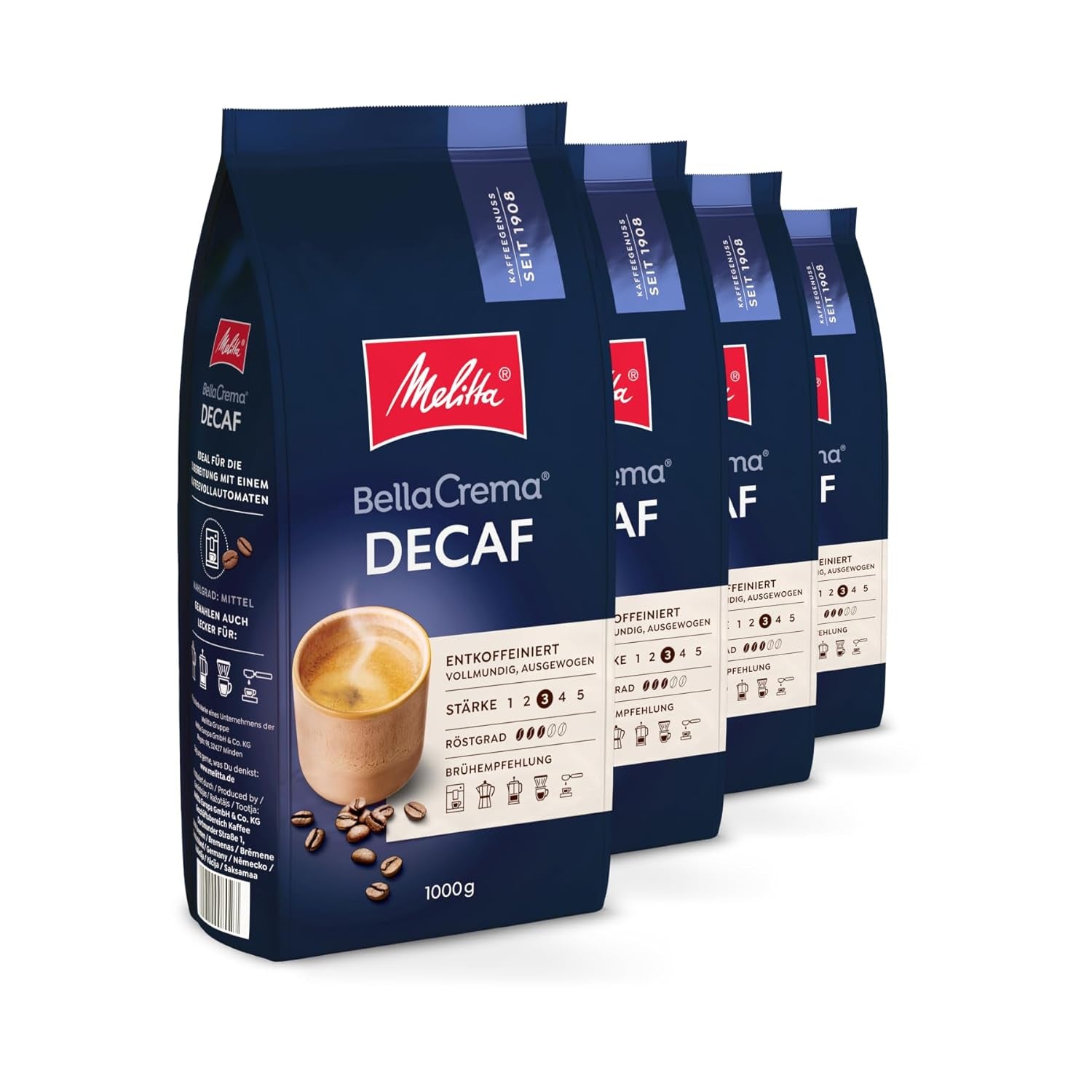 Boabe de cafea Melitta BellaCrema decofeinizate, decofeinizate, 4 x 1 kg, nemăcinate, boabe de cafea pentru aparate de cafea complet automate, fără cofeină, prăjire ușoară, prăjită în Germania, concentrație 3