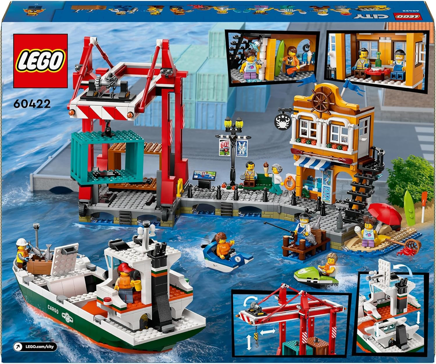 LEGO City port ze statkiem towarowym, zabawka do budowania dla chłopców i dziewcząt od 8 lat, pomysł na prezent dla dzieci, dźwig kontenerowy, zabawkowy statek i 8 minifigurek 60422 Zestawy do budowania Besuche den LEGO-Store