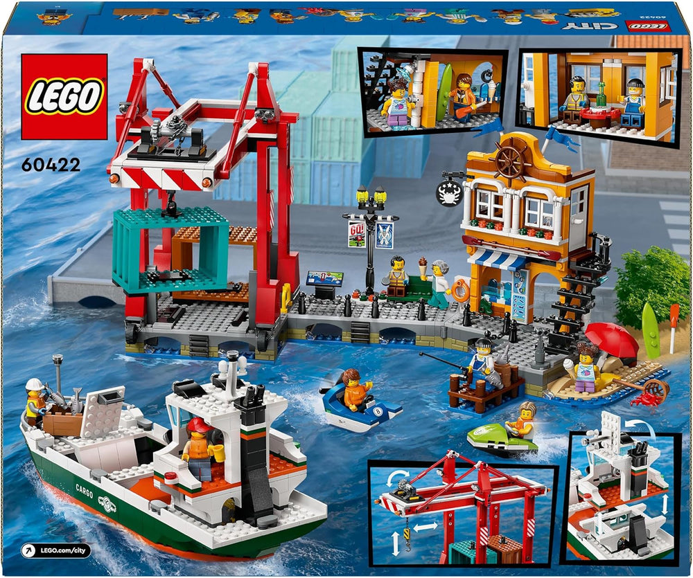 LEGO City port ze statkiem towarowym, zabawka do budowania dla chłopców i dziewcząt od 8 lat, pomysł na prezent dla dzieci, dźwig kontenerowy, zabawkowy statek i 8 minifigurek 60422 Zestawy do budowania Besuche den LEGO-Store