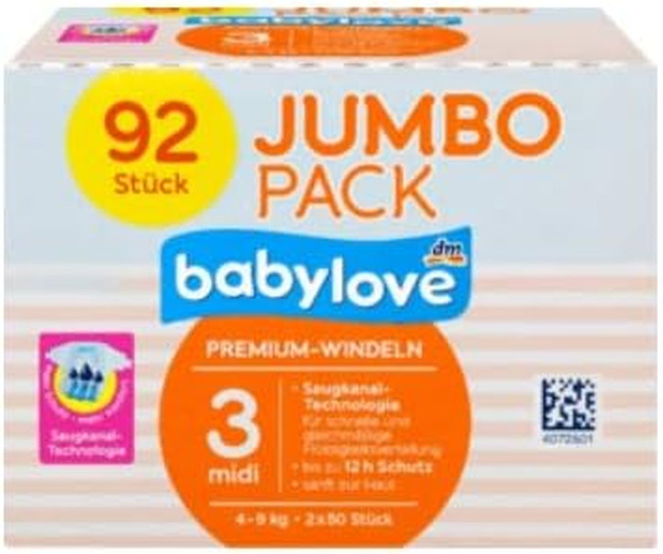 Pieluszki Babylove Premium Rozmiar 3 Midi 4-9 kg, opakowanie 92 szt., opakowanie XL