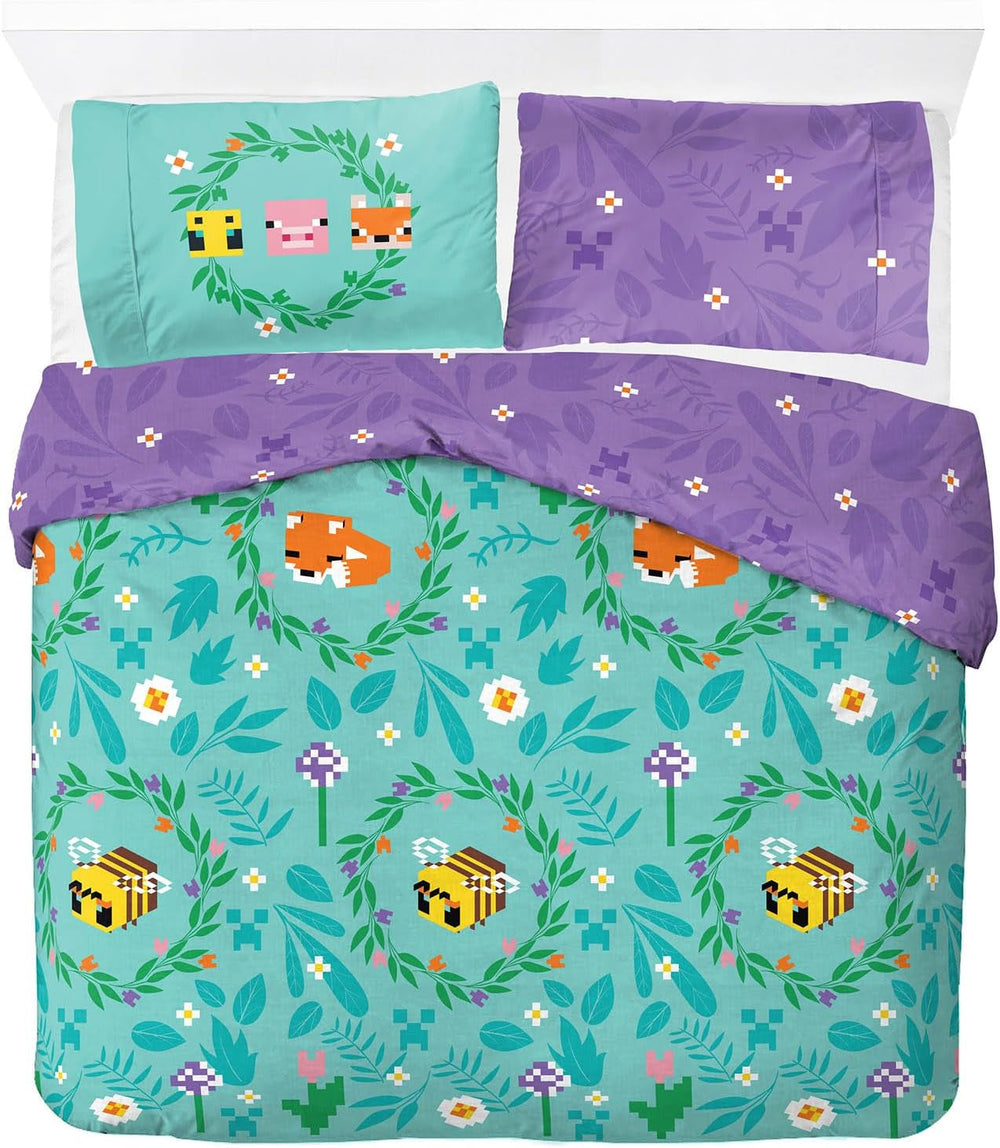 Set de lenjerie de pat pentru copii, desene animate si super eroi, bumbac Lenjerie de pat - copii Naty Shop Turcoaz - Minecraft 200X200/50X70 (3 Piece)