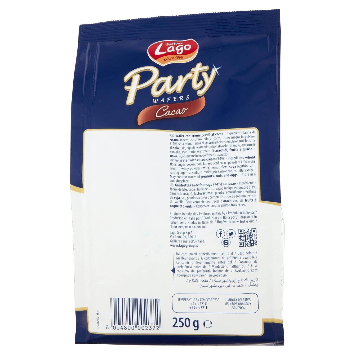 Cacao pentru petreceri 250 g, napolitană cu cremă de cacao, 74% Cu 5 straturi de napolitană și o cremă catifelată de ciocolată